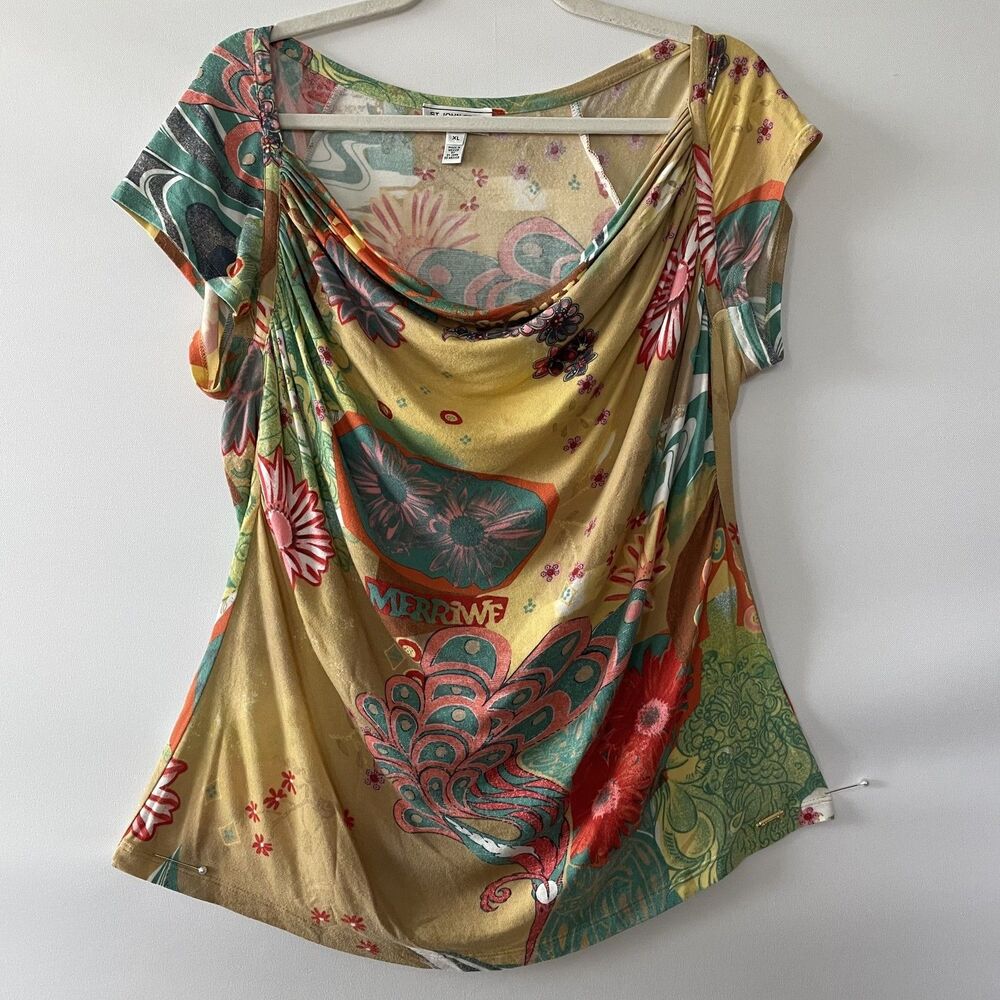 St. John Sport by Marie Gray Draped Cowl Neck Floral Top Gold Size XL